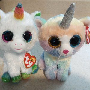 2 TY Silk Beanies With Tags, Heather & Pixie Unicorns, 7 Inches Tall, Silky Soft